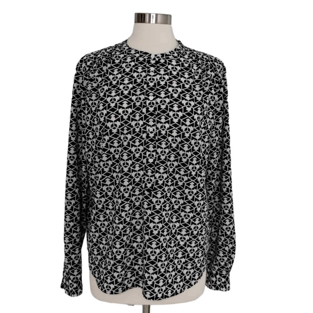 J. CREW Blouse Large Black White Geometric Print